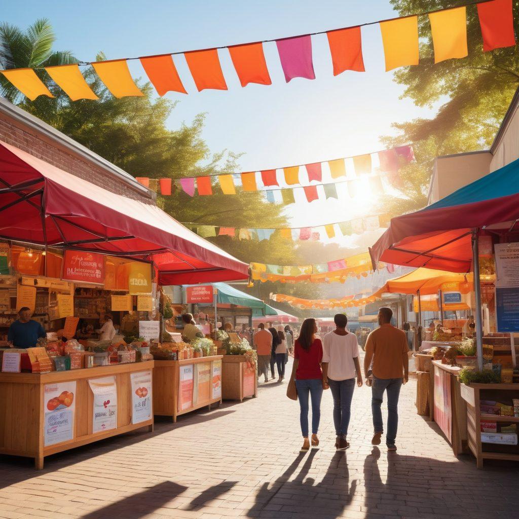 A busy marketplace filled with diverse couples and families exploring various insurance kiosks, each showcasing unique coverage options. Bright banners highlighting key benefits such as health, auto, and home insurance. The scene should reflect inclusivity, with people of different ages and backgrounds interacting positively. Soft sunlight filtering through the vibrant canopies above, creating an inviting atmosphere. digital illustration. vibrant colors. 3D effect.