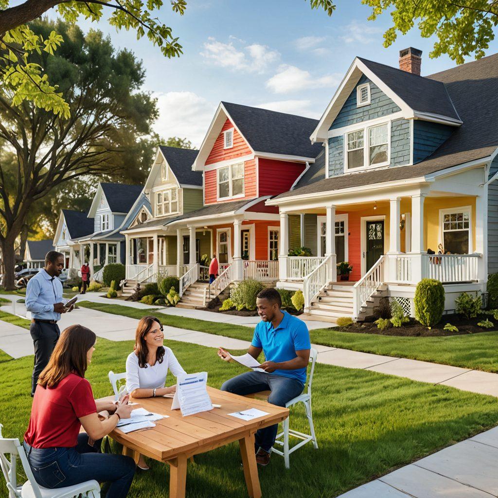 A visually appealing layout showcasing a variety of colorful insurance policy documents with price tags, surrounded by friendly local insurance agents discussing options, and a cozy neighborhood backdrop. The scene emphasizes accessibility and community. super-realistic. vibrant colors. light and inviting atmosphere.