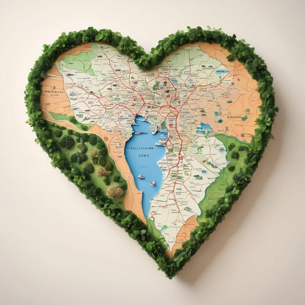 A heart-shaped map of Paraguay with insurance symbols like umbrellas and shields creatively integrated into the design. The map should feature vibrant greenery and iconic Paraguayan landmarks as a backdrop, symbolizing love and protection. Soft, warm colors to evoke a comforting feeling of security and care. super-realistic. vibrant colors. white background.